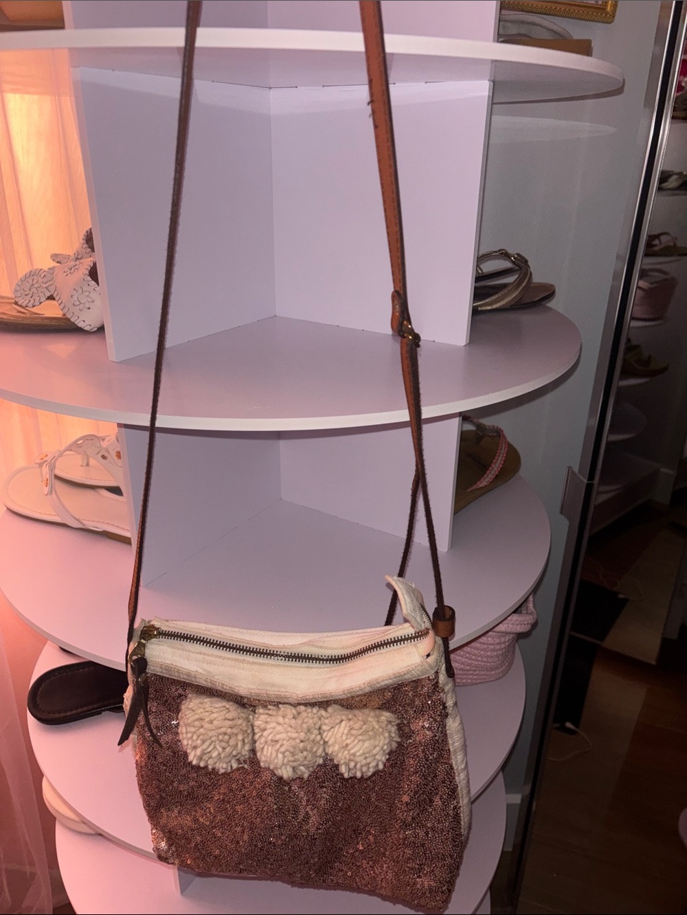 Cream and Brown Pom-Pom Crossbody Bag